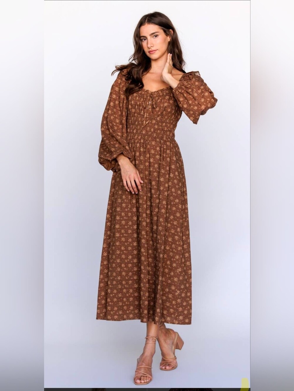 Storia Brown Floral Smocked Maxi Dress